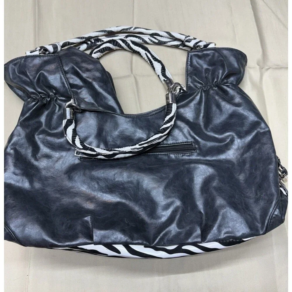 Vintage Y2K Zebra Print Ruffle Handbag Studded Hobo Bag Retro McBling Aesthetic - Picture 4 of 12